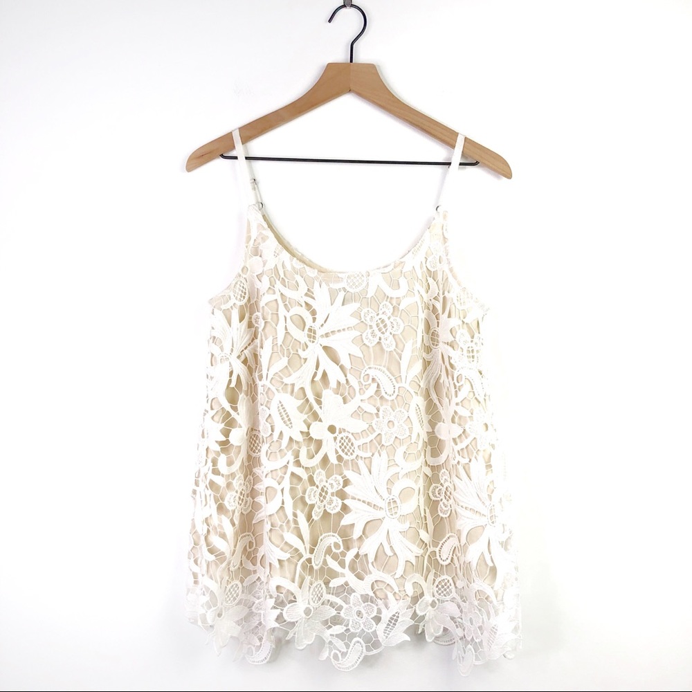 Cabi White Floral Lace Overlay Nude Cami Blouse